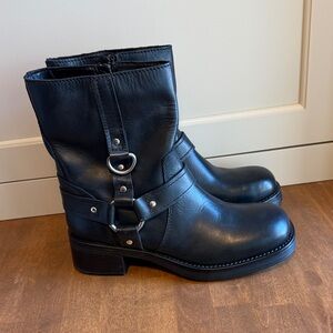 Steve Madden Saxona Black Leather Biker Harness Mid-Calf Moto Boots